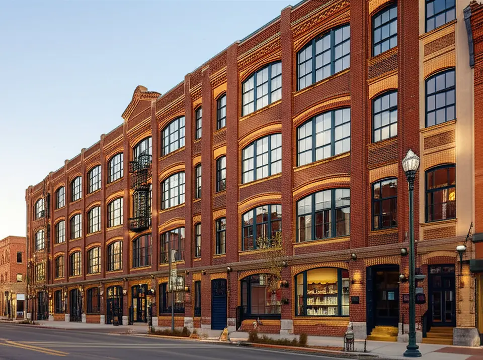 The brick exterior of 680 Lynn Street seen from the shared parking lot