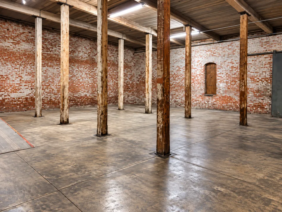 Whitewashed brick wall and arched windows inside Suites E and F