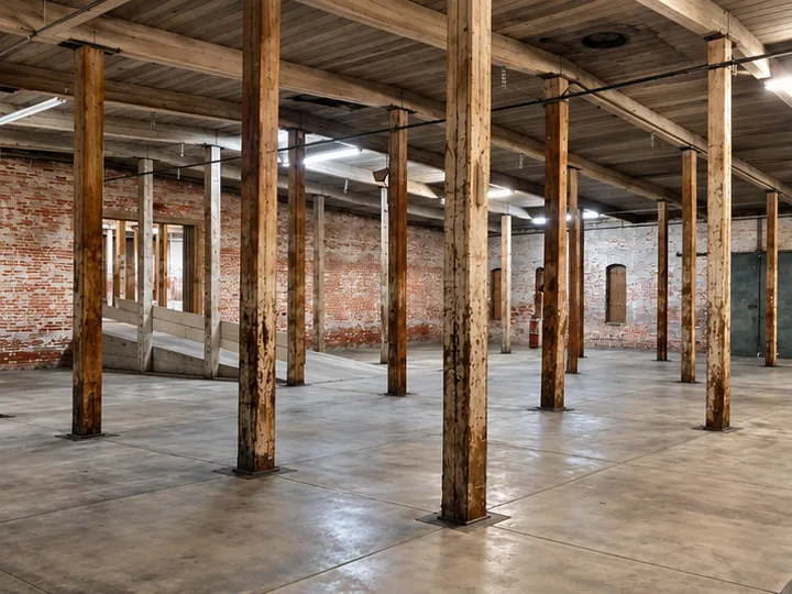 The grid of heavy timber columns across the warehouse floor