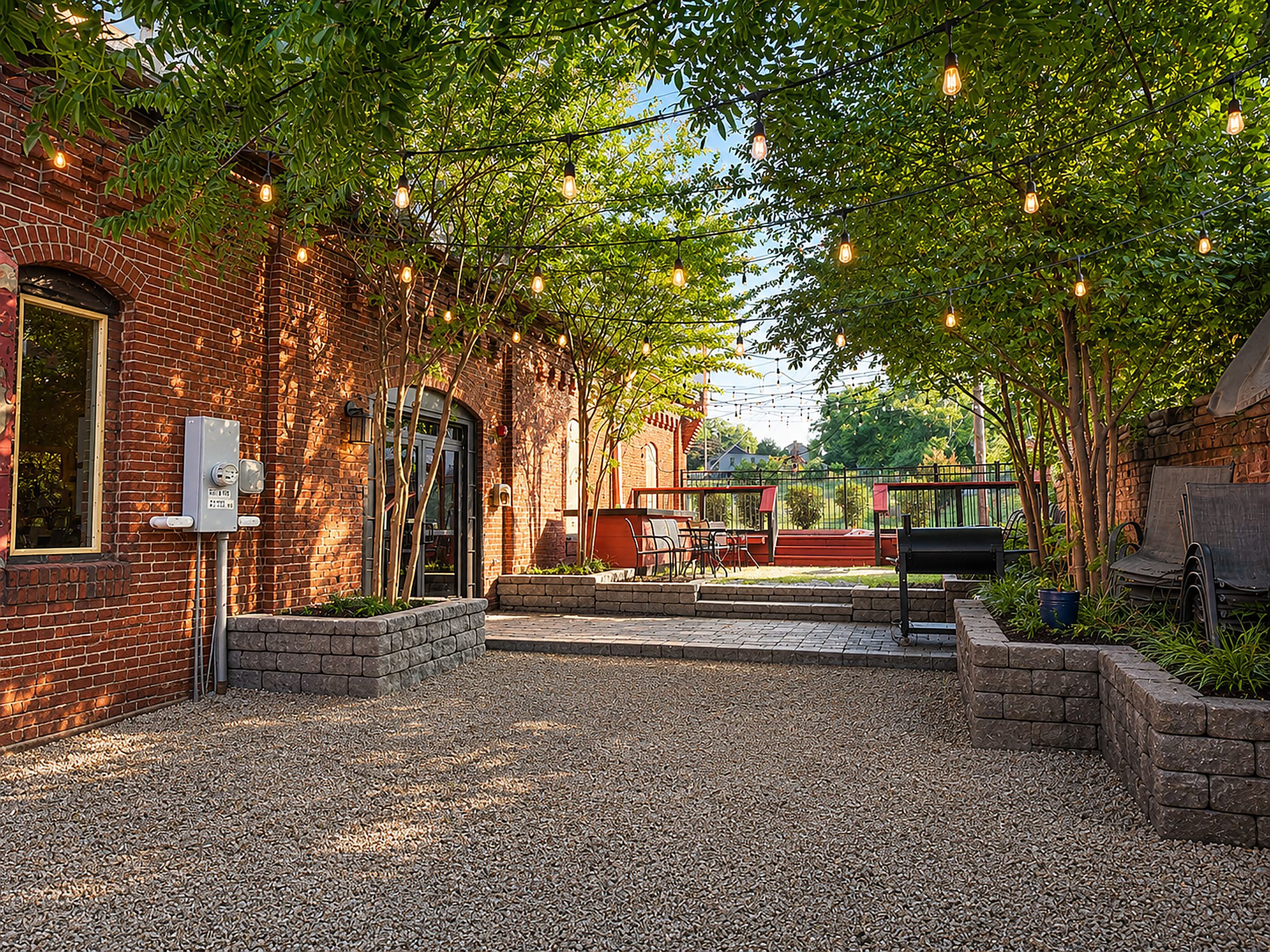 Suite G private outdoor courtyard — brick-walled gravel patio with café string lights, shade trees, lounge seating and grill station