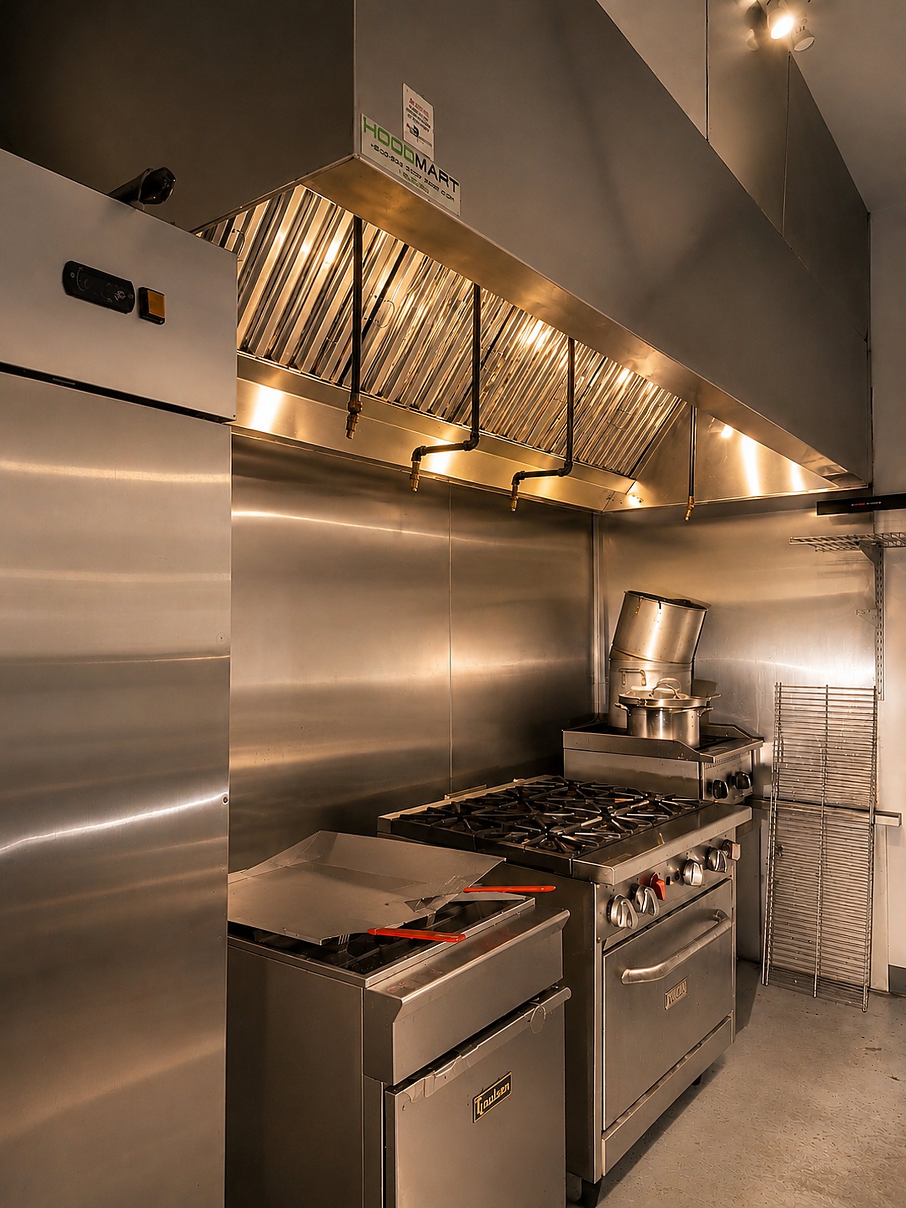 Suite G commercial kitchen — stainless line, six-burner range with flat-top, hooded ventilation and walk-in cold storage